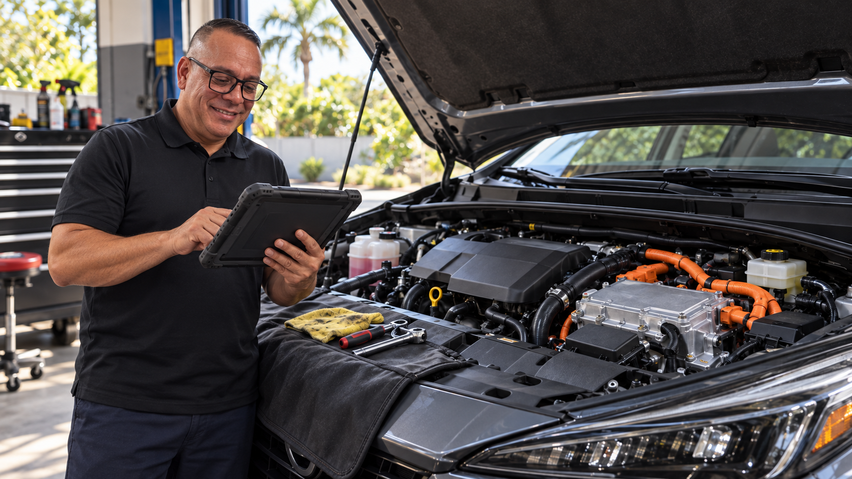 Illustration of Danny reviewing hybrid vehicle diagnostics on a scan tool at Danny Auto Repair in Hudson, Florida.