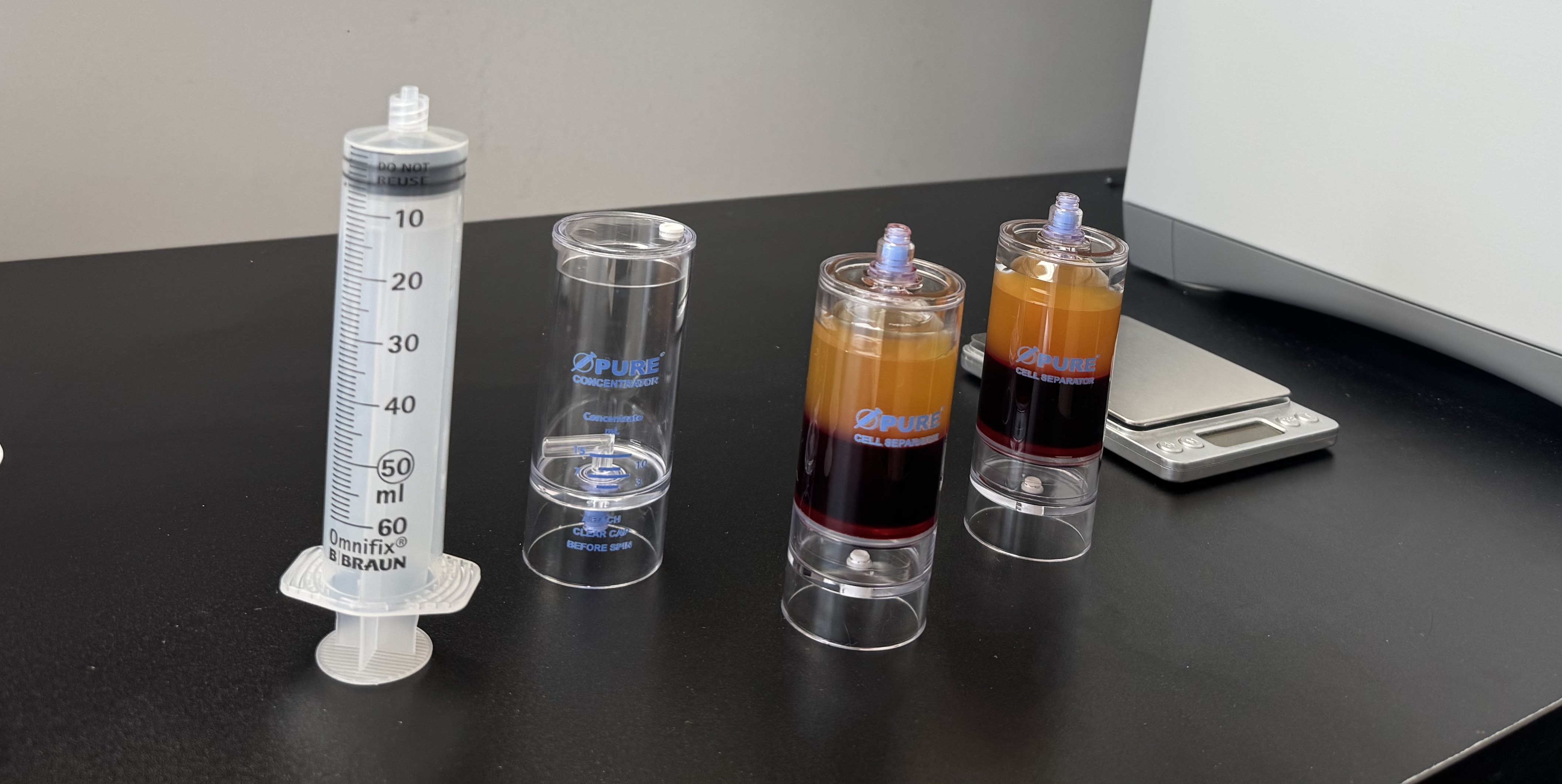 Platelet rich plasma prepared in a syringe and separation tubes at Renew Orthobiologics Center