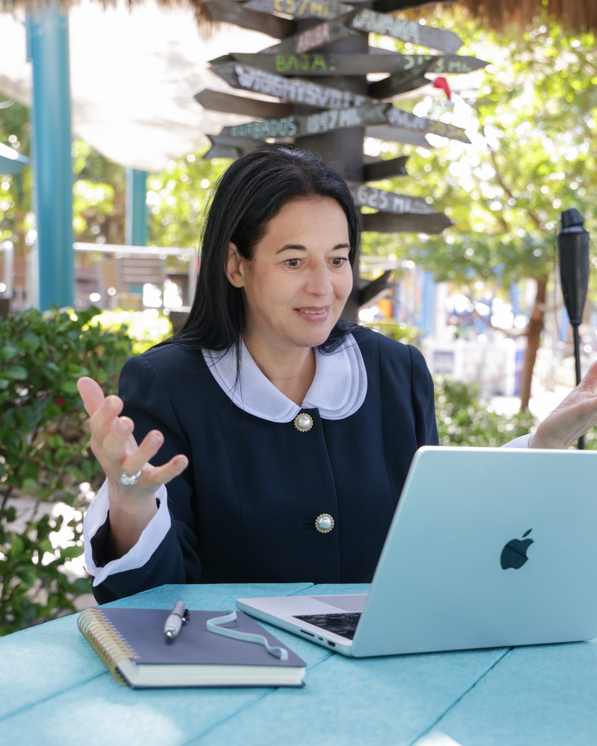 Annette Knecht Seier at her laptop, mid-sentence, gesturing as she speaks.