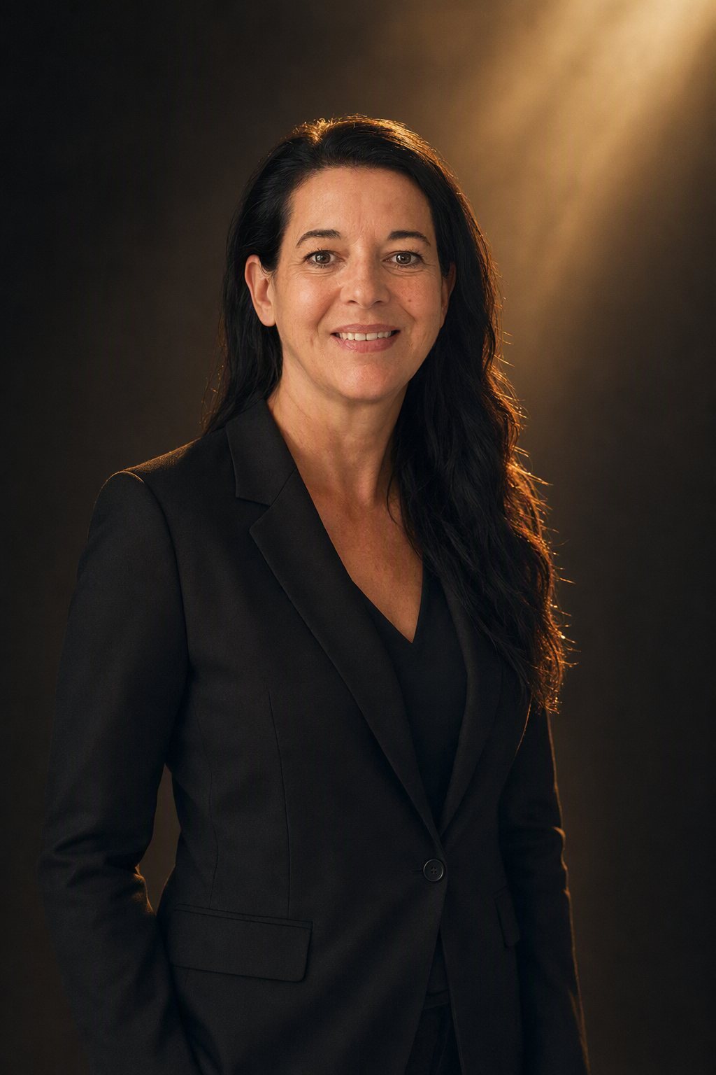 Annette Knecht Seier, founder of Own Your Stage Studio, in a black suit in a shaft of warm light, smiling at the camera.