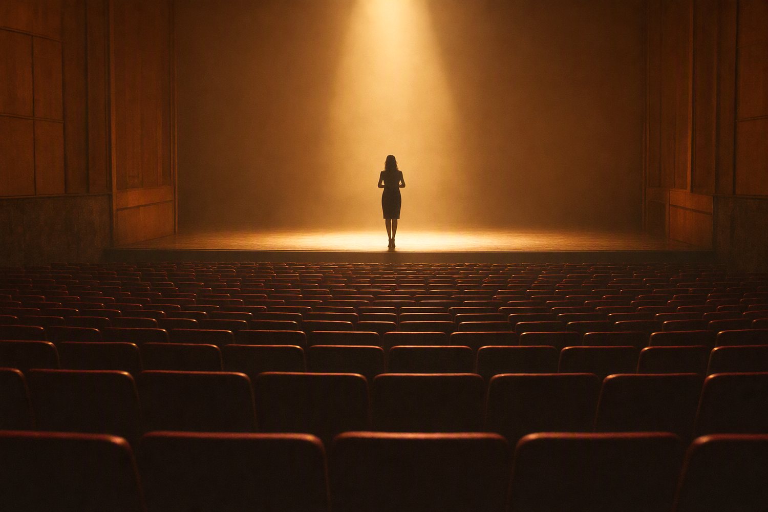 A warmly lit auditorium seen from the back, rows of red seats, and one figure standing in silhouette in a beam of light on the stage.