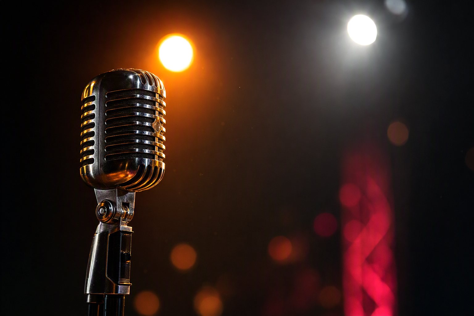 A stage microphone under a warm light, the studio behind it in darkness.