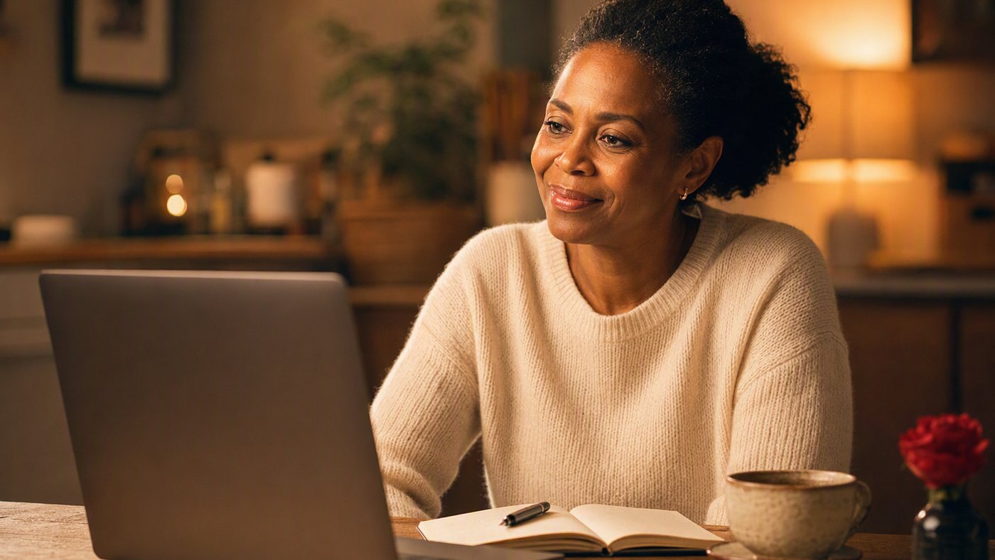 A woman at her kitchen table in the evening, watching a live expert panel on her laptop with a notebook open beside her, smiling.