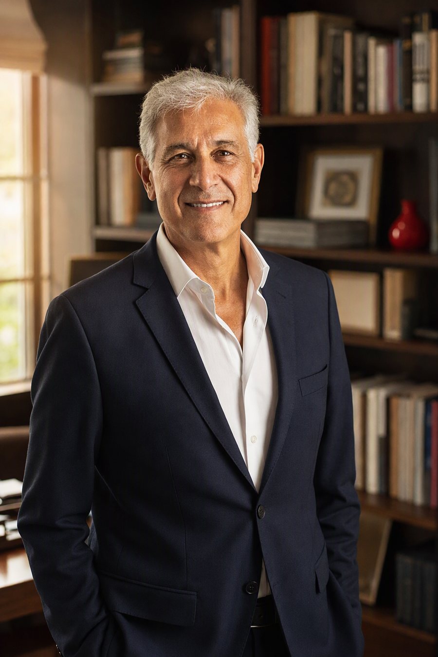 An accomplished consultant in his late fifties in his own book-lined office, smiling at the camera.