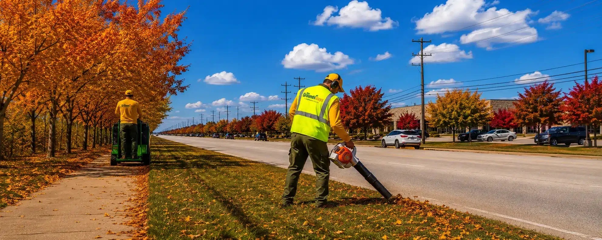 Grounds Guys crew maintaining a commercial property in autumn