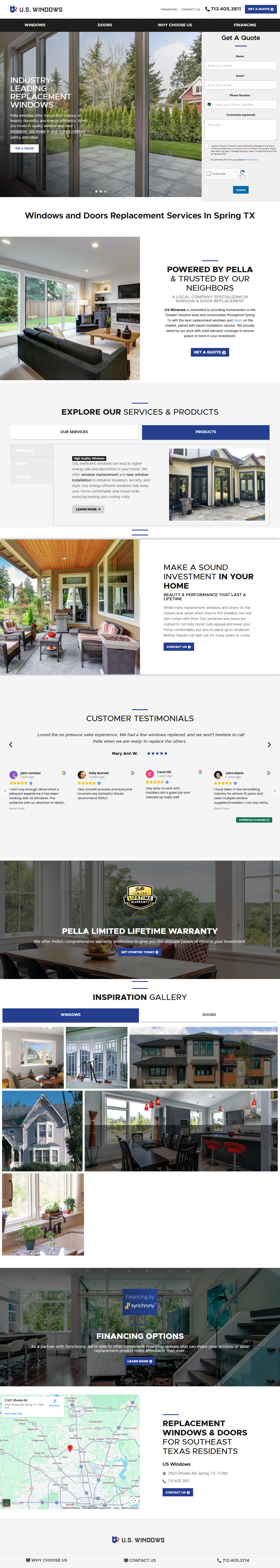 US Windows – Home services website showing replacement windows and doors with customer testimonials
