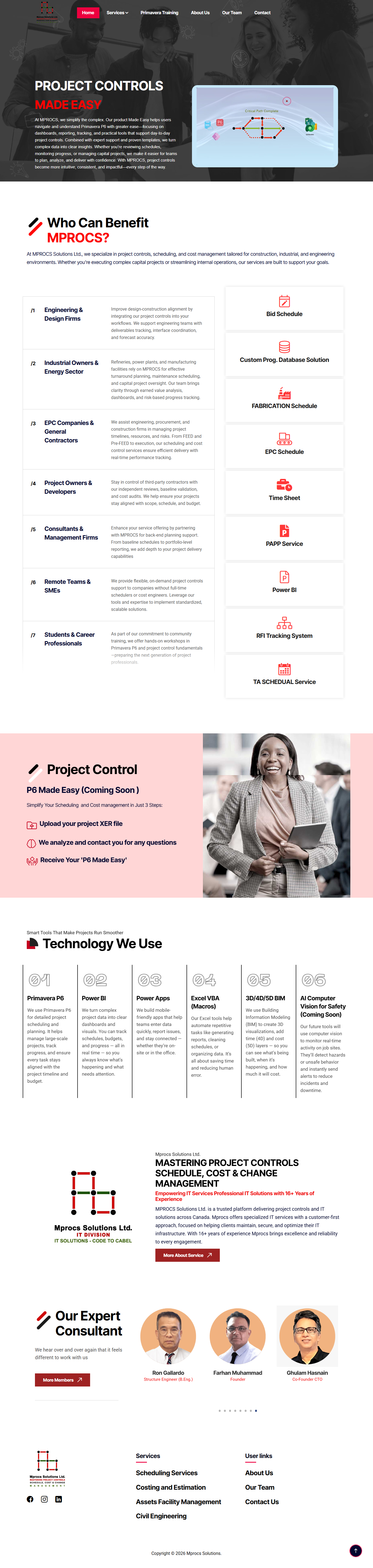 MPROCS Solutions – Project controls and IT services website showing service offerings and technology stack