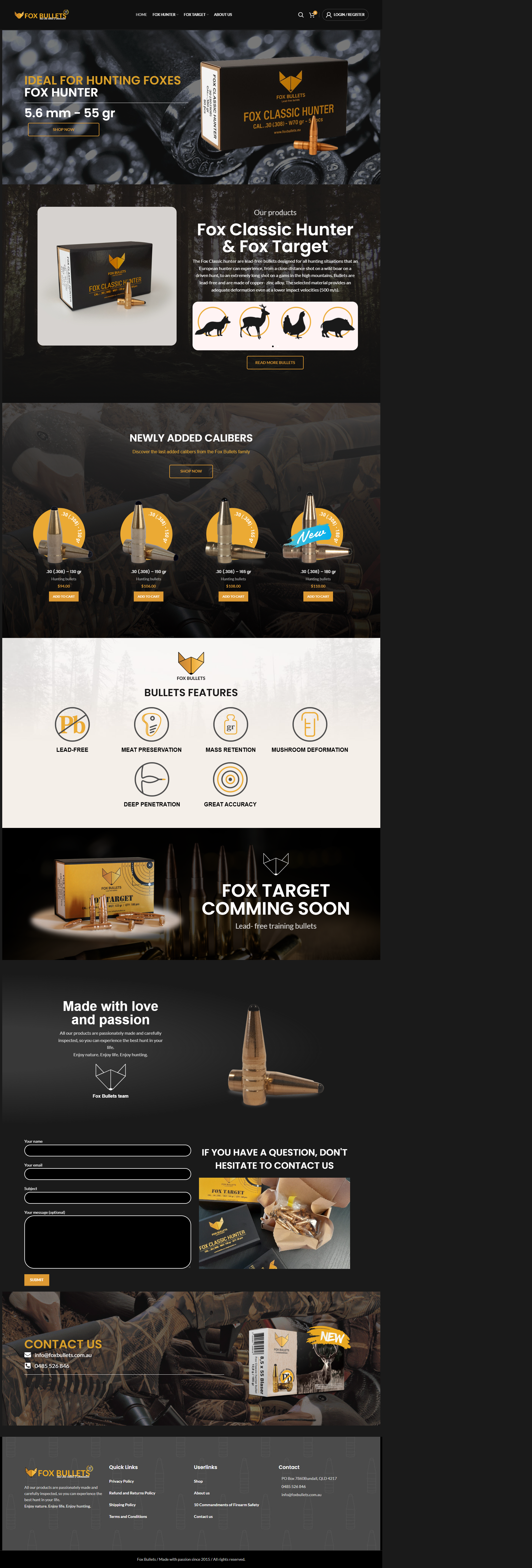 Fox Bullets – E-commerce website showing lead-free hunting ammunition products and features