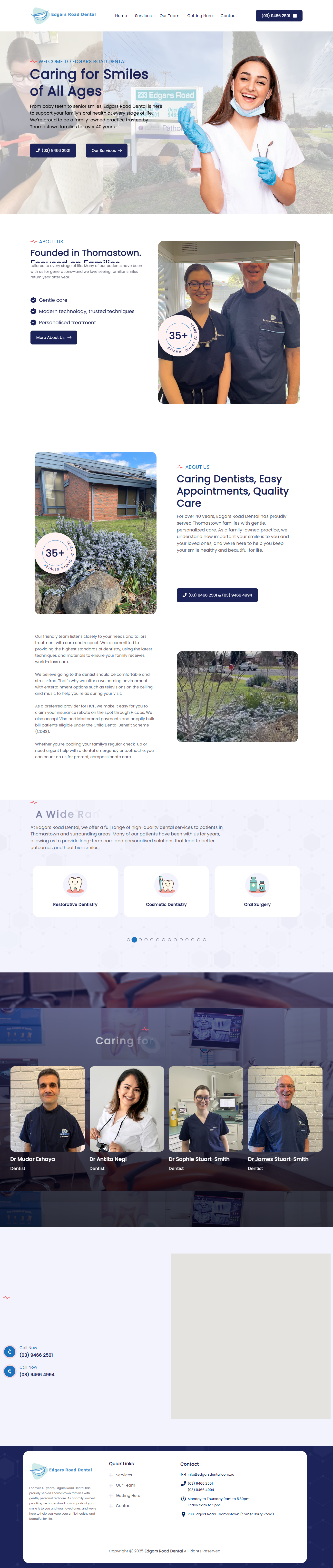 Edgar's Road Dental – Healthcare website showing hero section with dentist team and appointment booking