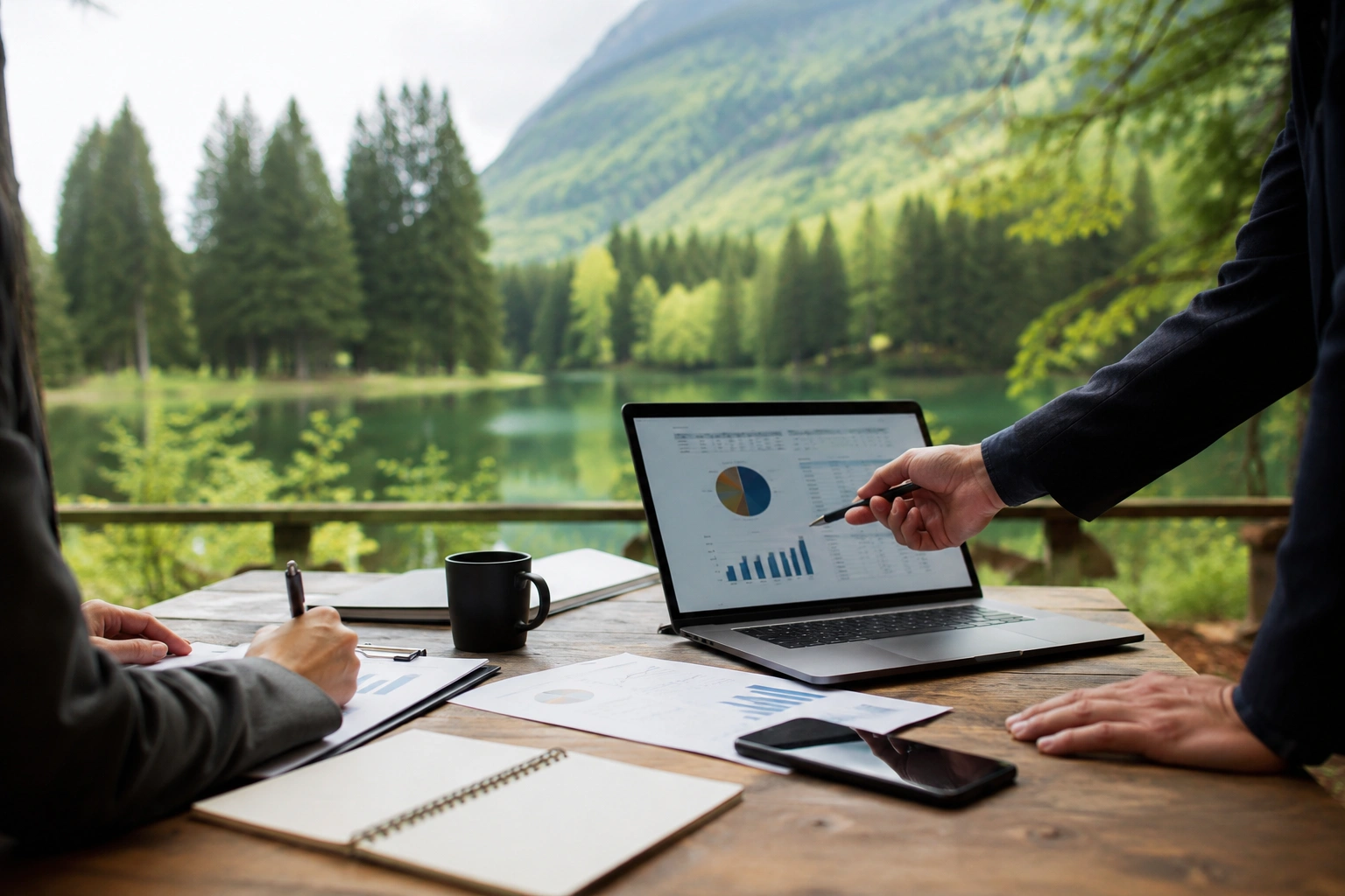 Discuție de afaceri și analiză financiară într-un cadru natural
