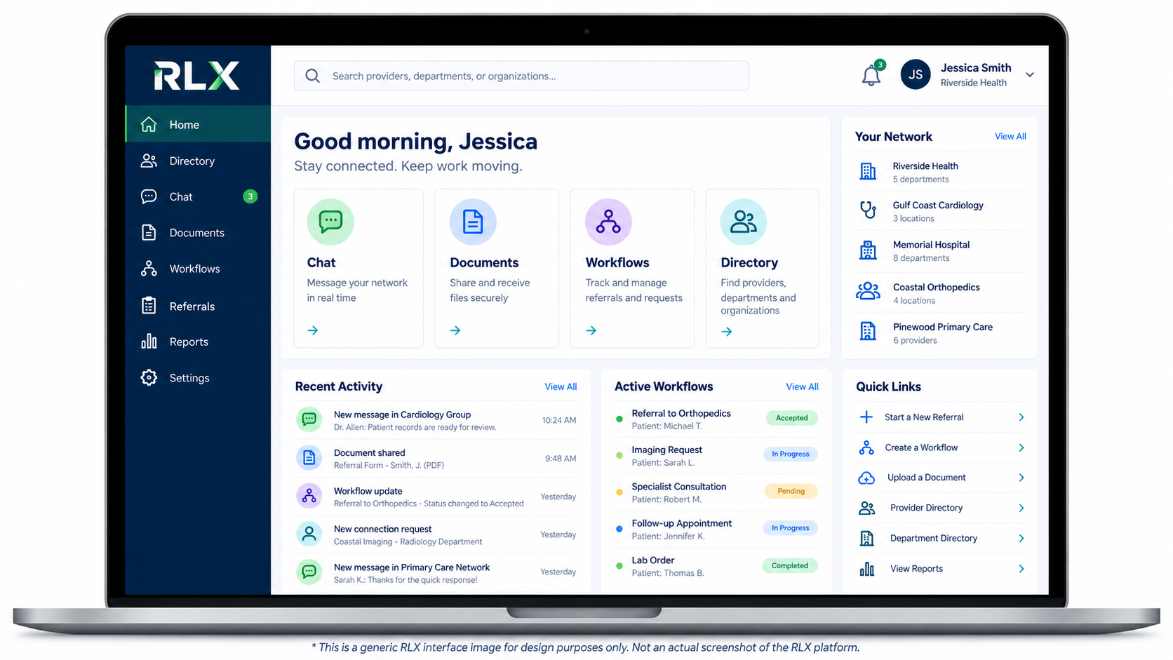 Referralogix dashboard showing chat, documents, workflows and directory