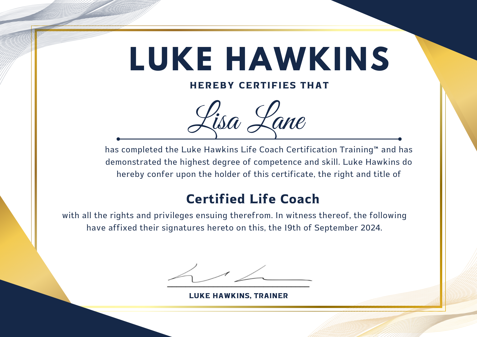 Certified Life Coach certificate awarded to Lisa Lane
