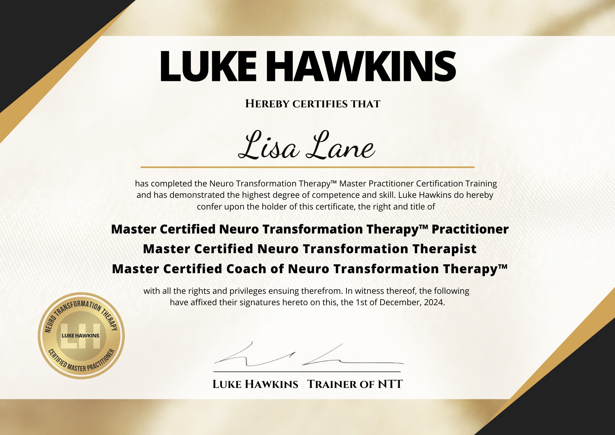 Master Certified Neuro Transformation Therapy certificate awarded to Lisa Lane