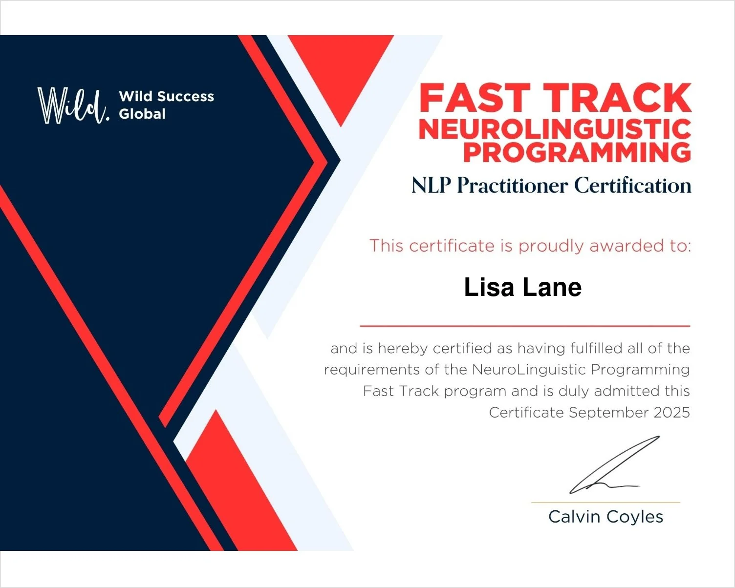 NLP Practitioner Certification awarded to Lisa Lane