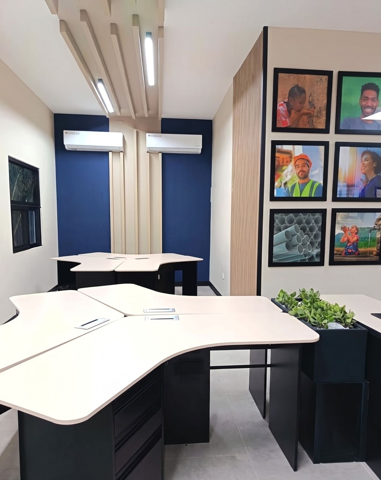 Puestos de trabajo en planta abierta con muro azul, jardinera interior y galería fotográfica enmarcada