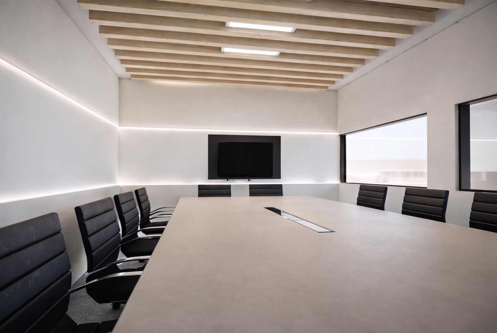 Sala de juntas con cielo de vigas de madera clara, nicho lineal retroiluminado y mesa de gran formato en microcemento