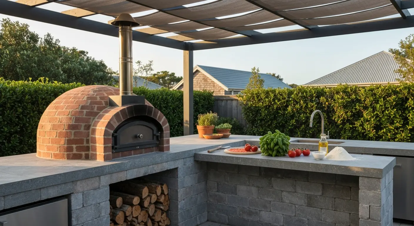 Wood-fired pizza oven integrated in outdoor kitchen