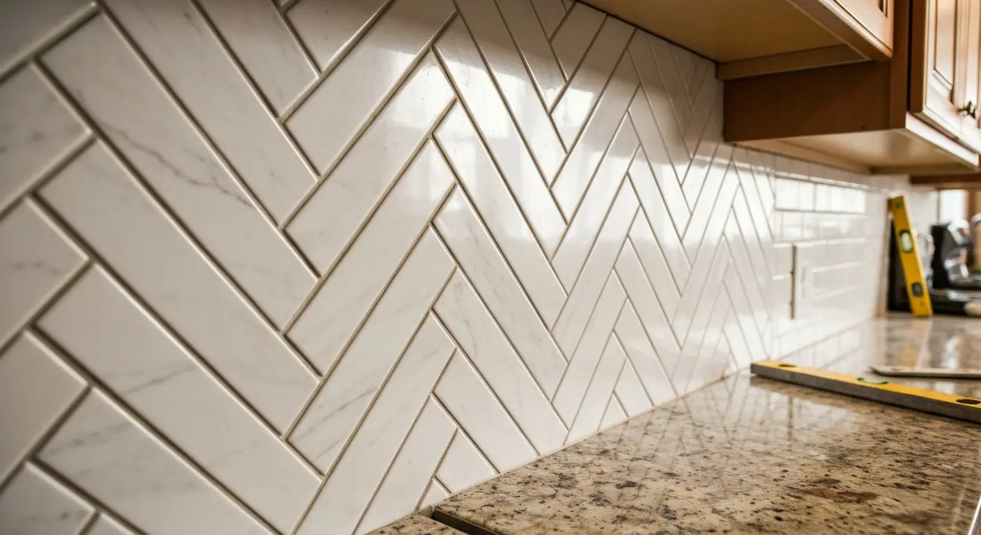 Herringbone tile pattern backsplash