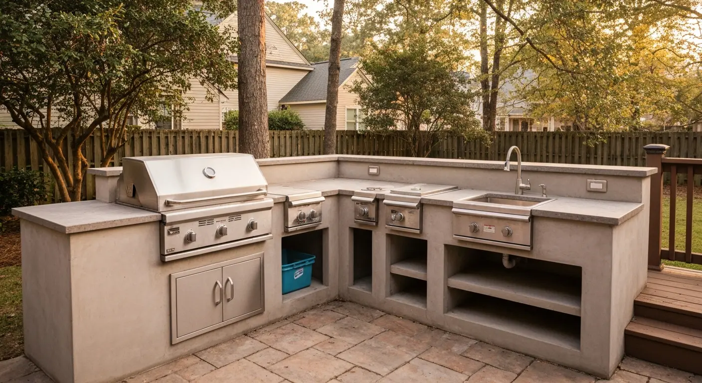 Full outdoor kitchen with counters and appliances