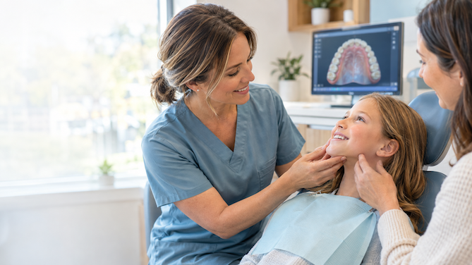 Dentist performing a craniofacial evaluation of a child's jaw and palate at BreatheWell Sleep and Airway in Calgary