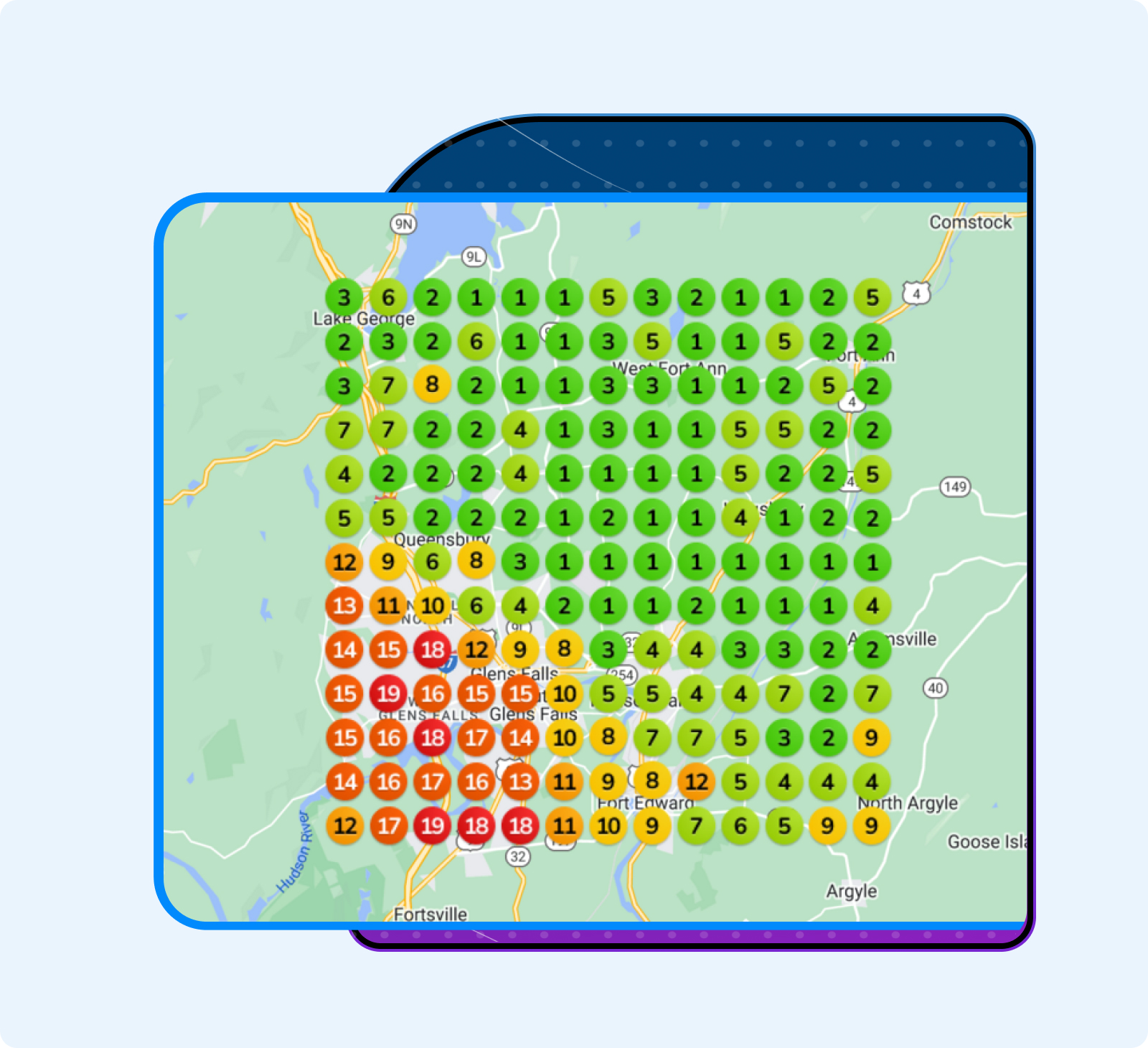 Local rank heatmap showing a grid of green ranks (1-3) in the center fading to yellow and red at the edges of the service area