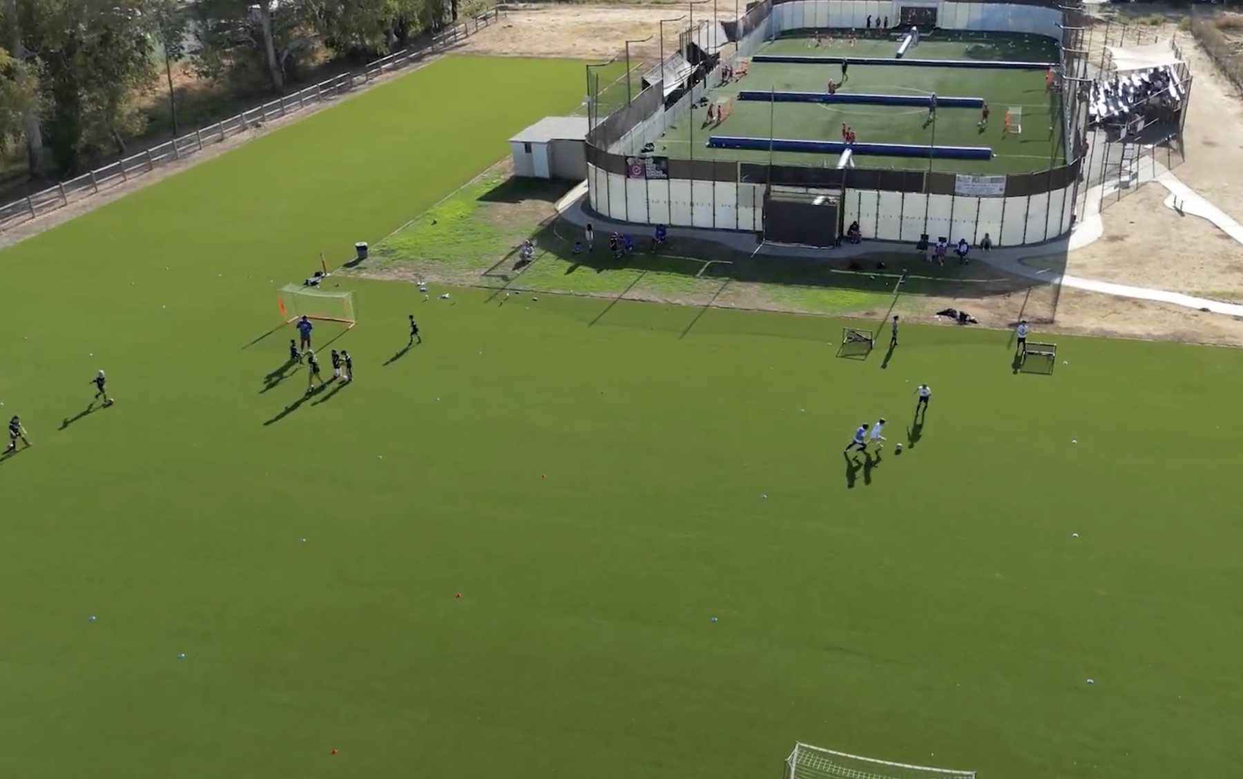 Aerial view of a Soro Futbol Academy session at North County Soccer Park