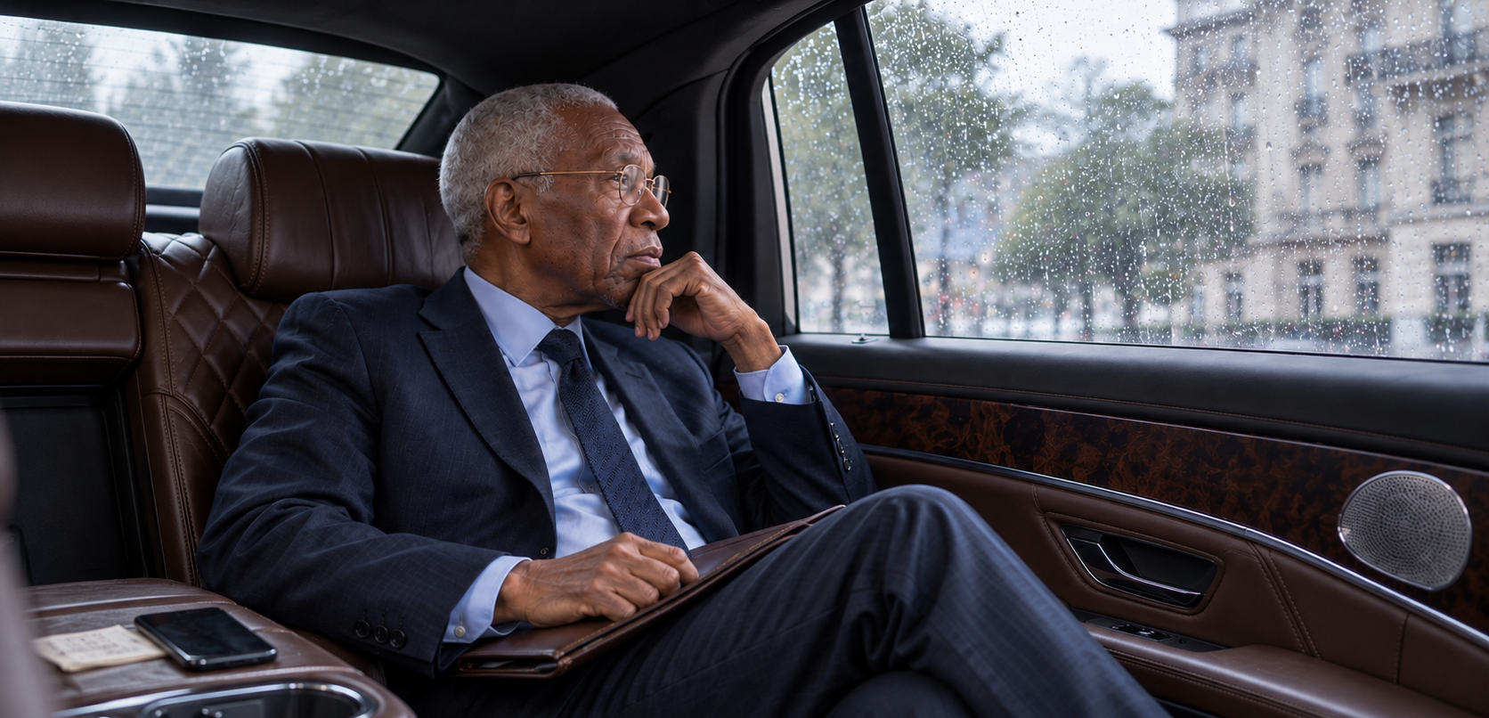 A man in quiet thought, looking out of a car window