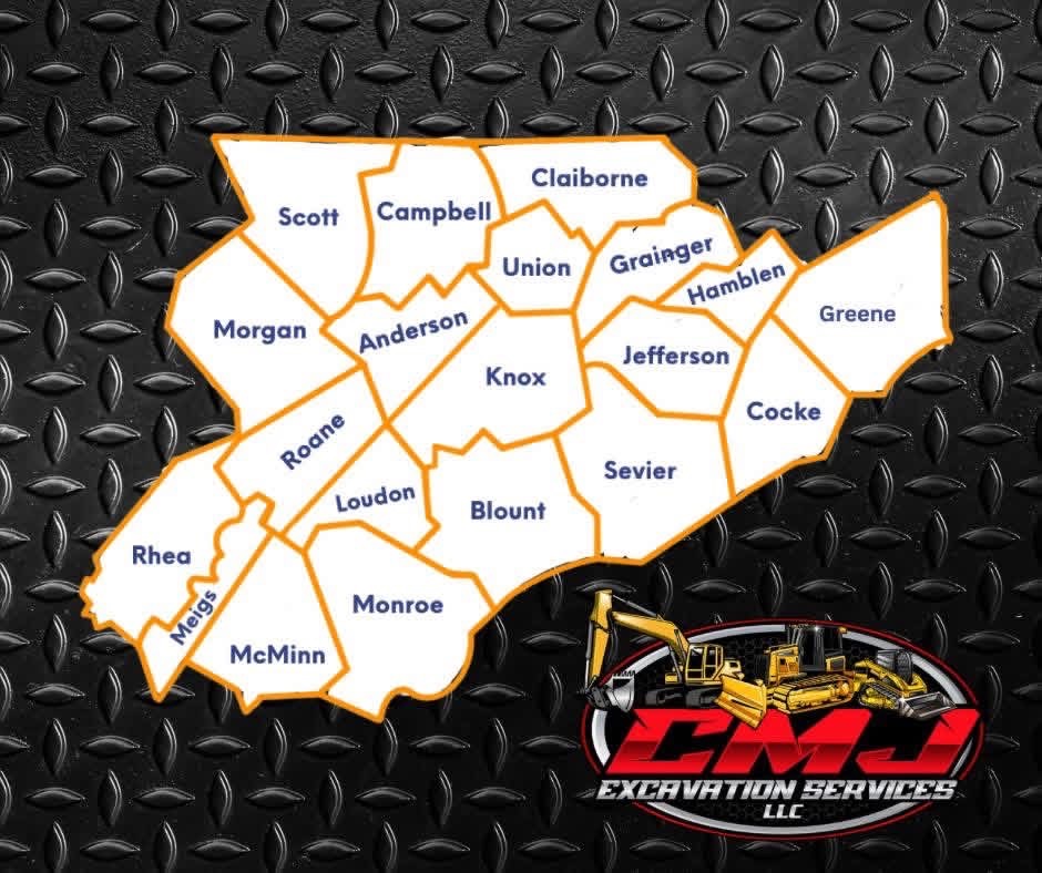 CMJ Excavation Services service area map showing counties served throughout East Tennessee