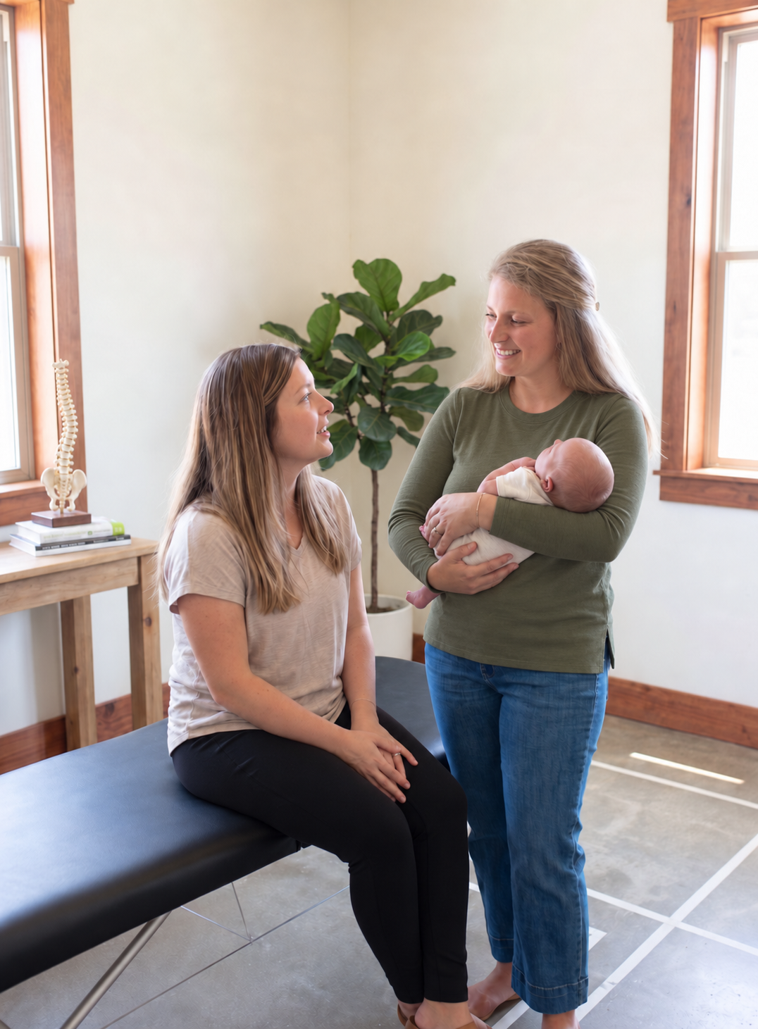 An intimate, calm moment of postpartum care at Sundays Chiropractic Co. in Monument, Colorado