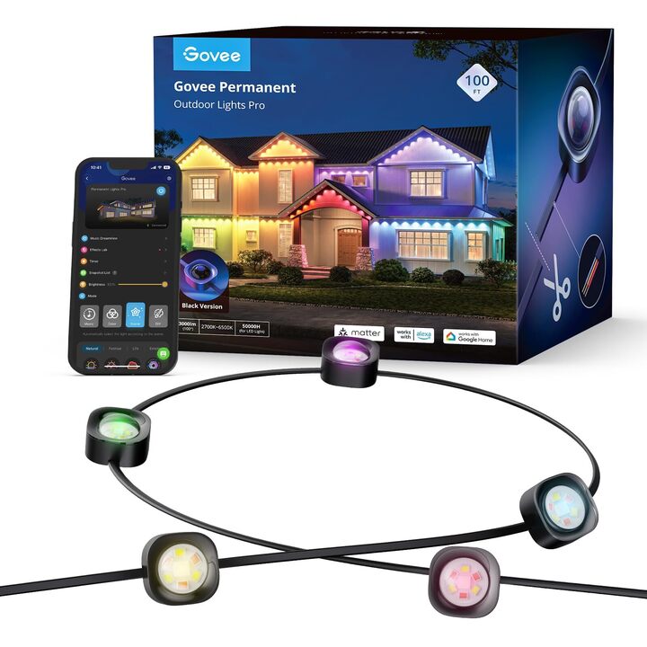 Govee Permanent Outdoor Lights Pro package with customizable LED lights, smartphone app controls, and vibrant lighting options for homes.