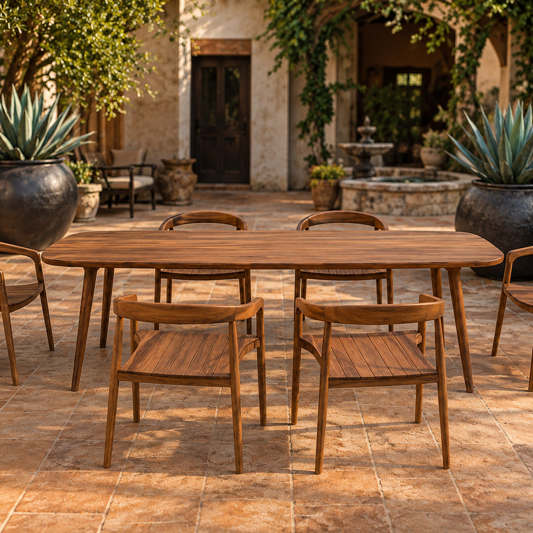 Solid-hardwood outdoor tables and chairs
