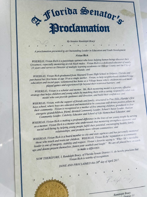 Florida Senator's Proclamation — Vivian Rich, Outstanding Leader in Education and Youth Development