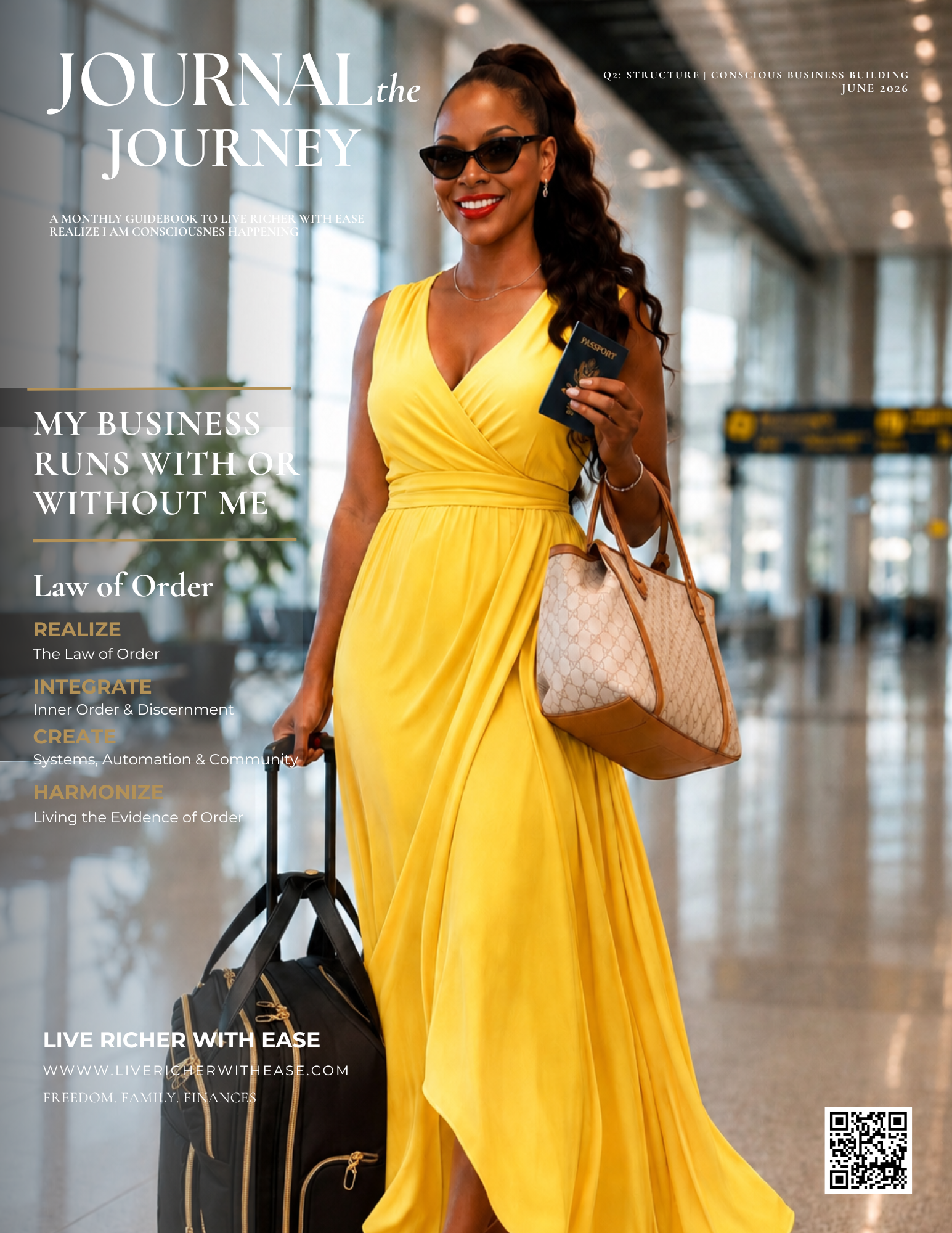 Journal the Journey — Law of Order cover featuring a woman in yellow dress at an airport with passport and luggage