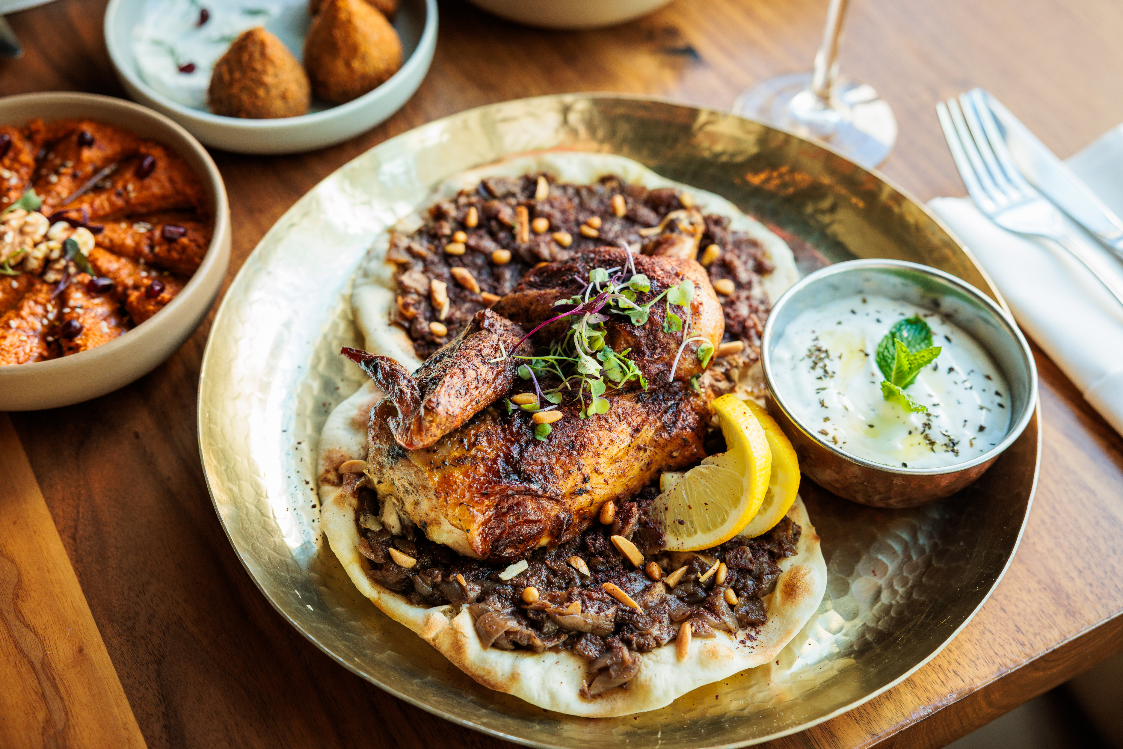 Mediterranean-style plated chicken dish served with flatbread, spiced lentils, yogurt sauce, and garnishes, photographed in natural light -  professional food photography.