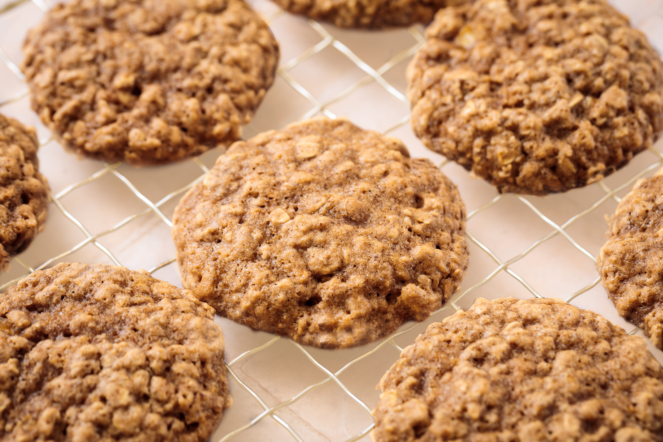 Freshly baked oatmeal cookies cooling on a wire rack, photographed in natural light for professional food photography.