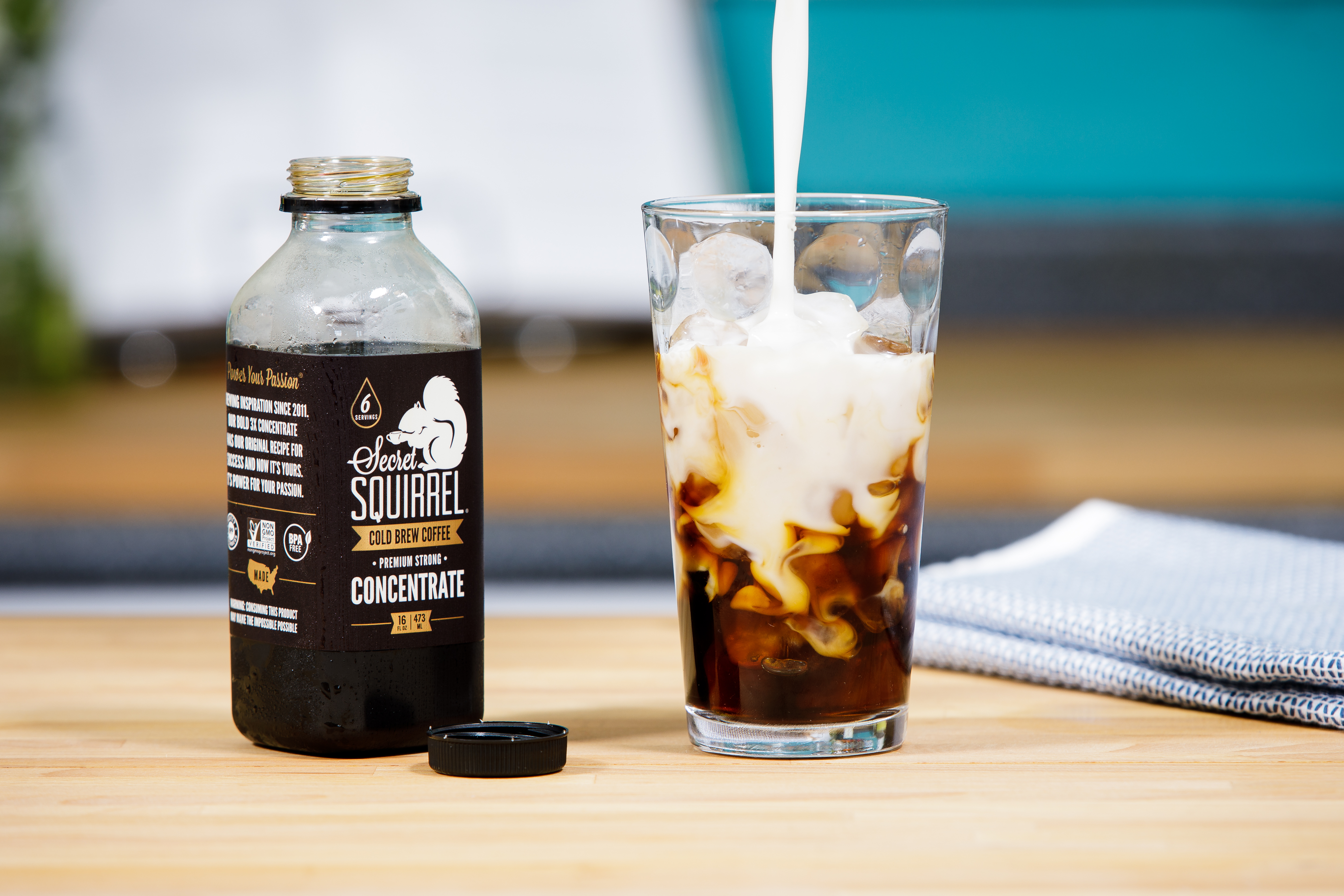 Commercial beverage photography of cold brew coffee concentrate and iced coffee, photographed in Los Angeles for food and beverage brand marketing.