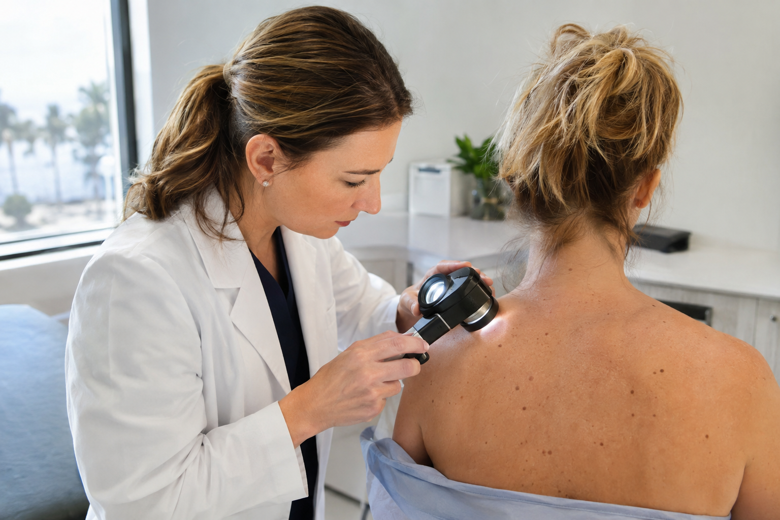 Dermatology provider performing a full body skin cancer screening on a patient in Florida