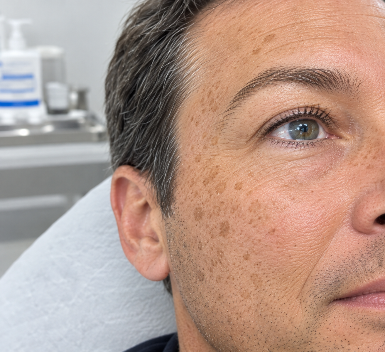 Close up of sun exposed skin showing flat brown age spots on the face Close up of sun exposed skin showing flat brown age spots on the face