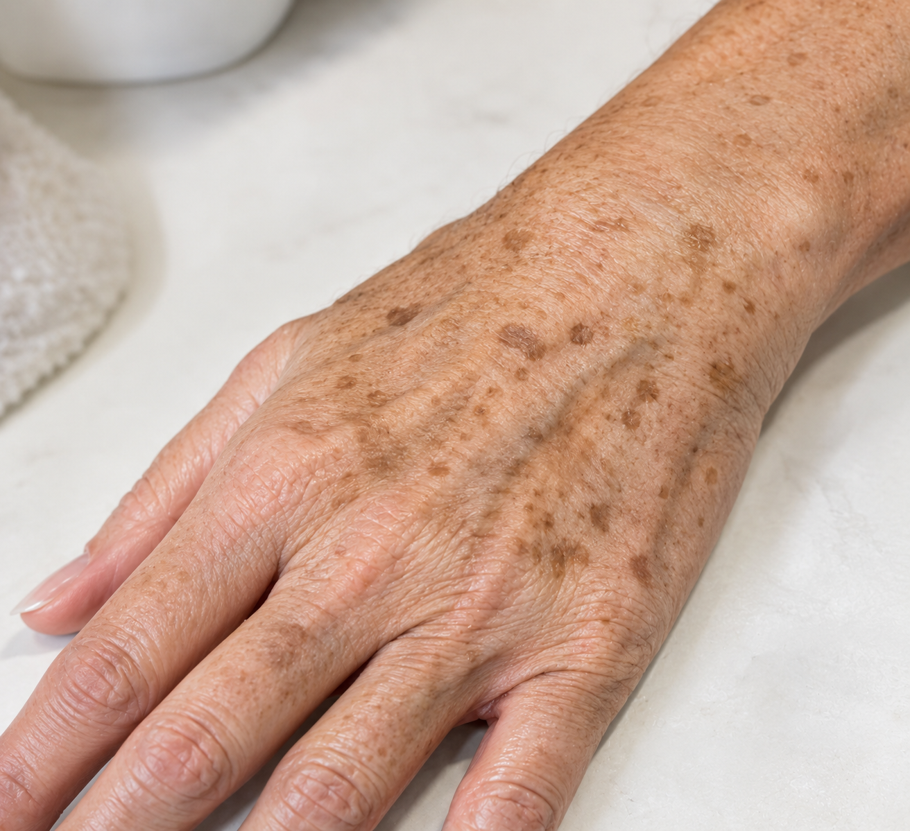 Close up of sun exposed skin showing flat brown age spots on the hand Close up of sun exposed skin showing flat brown age spots on the hand