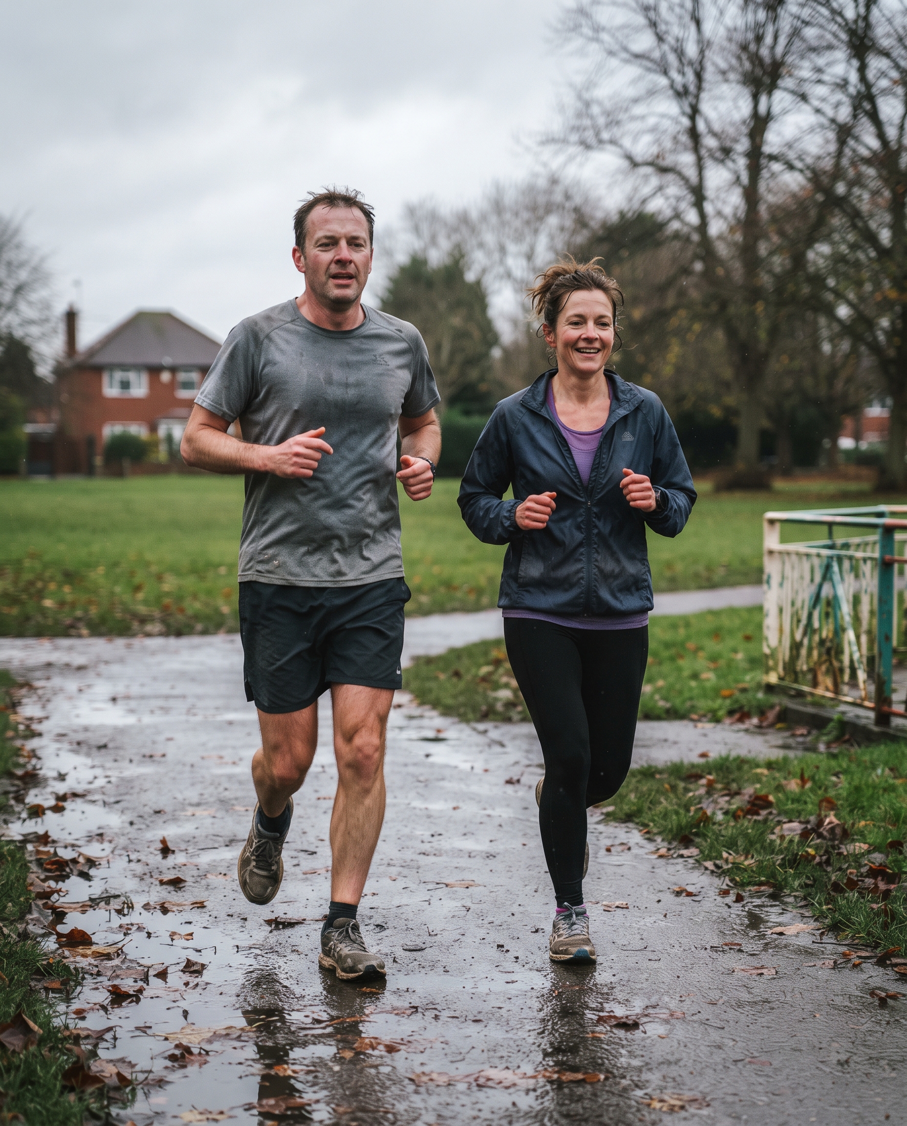 Two everyday runners, a man and a woman, mid-run on a park path