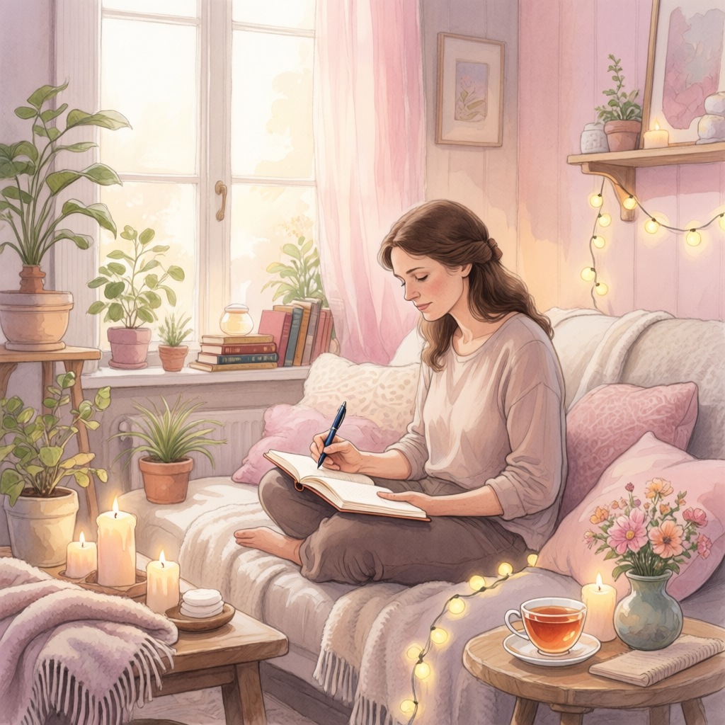 A cosy pastel-toned illustration of a woman journalling on a soft sofa in a calming self-care space. She is surrounded by candles, fairy lights, plants, flowers, books, and a cup of tea, with warm sunlight streaming through the window to create a peaceful and comforting atmosphere.
