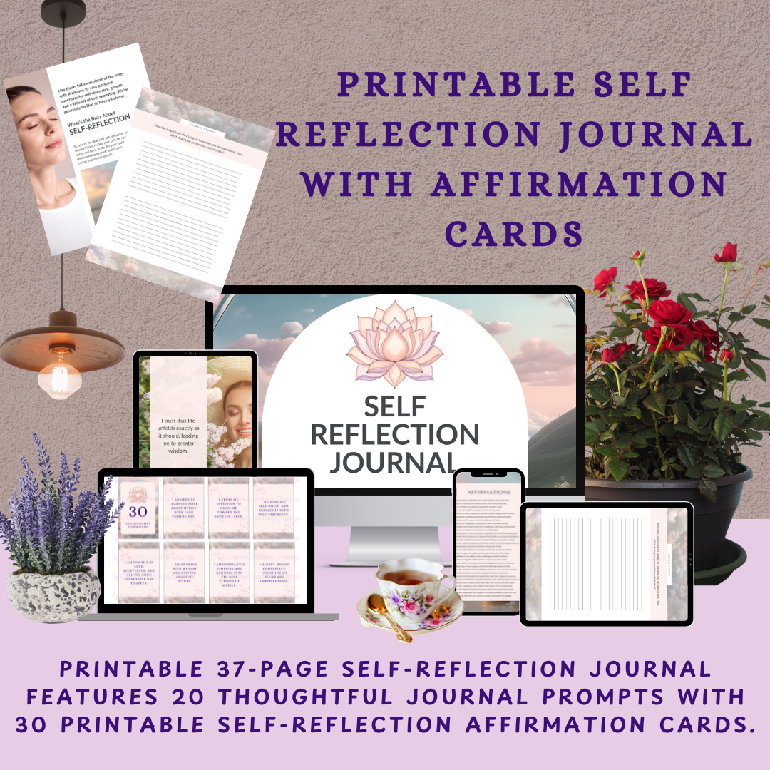 Promotional mock-up for a printable self-reflection journal featuring affirmation cards and guided journal pages displayed across a desktop monitor, laptop, tablet, and phone. The soft pastel design includes floral details, a lotus logo, tea cup, candles, lavender, and roses, with text highlighting a 37-page printable journal containing 20 journal prompts and 30 self-reflection affirmation cards.