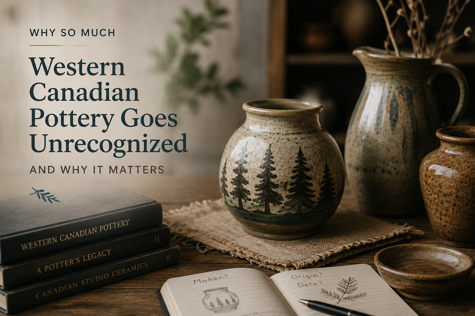 Collection of Western Canadian studio pottery displayed on a rustic wooden table, representing the importance of pottery identification and preservation.