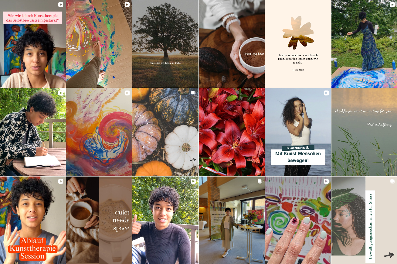 Transformed Instagram grid for Presentsein showcasing vibrant colors, intuitive art exercises, and face-to-camera storytelling
