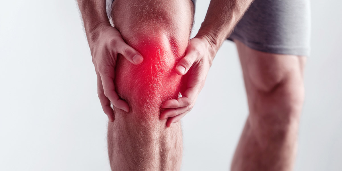 Man holding his knee with red highlighting showing knee joint pain Man holding his knee with red highlighting showing knee joint pain