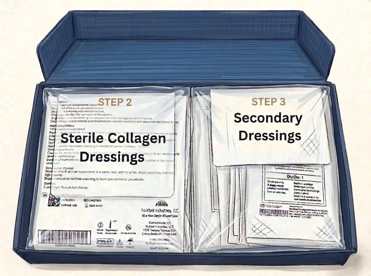Meridian care kit box with sterile collagen dressings and secondary dressings inside