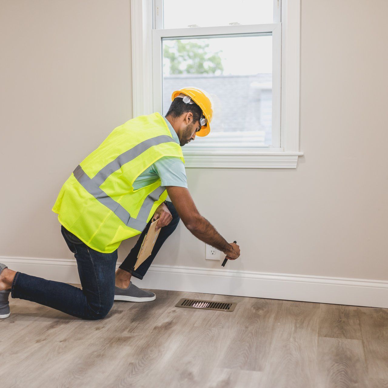 Maintenance worker checking a wall vent during facilities maintenance in Lubbock, TX