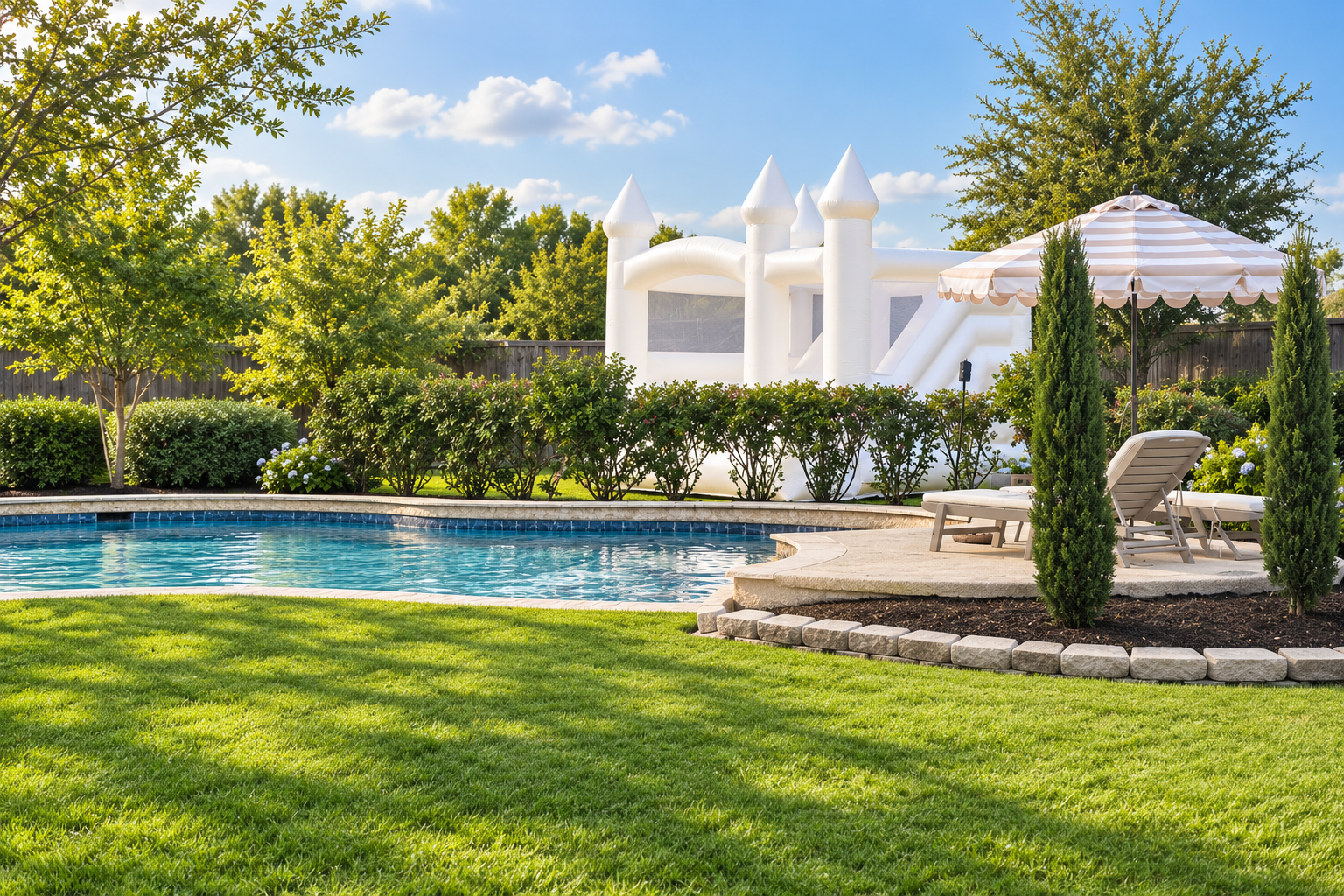 Our large white castle bounce house in a landscaped backyard beyond the pool