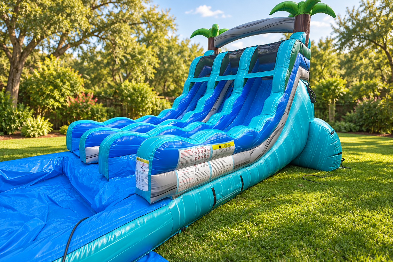 Our blue and teal dual lane waterslide with palm details