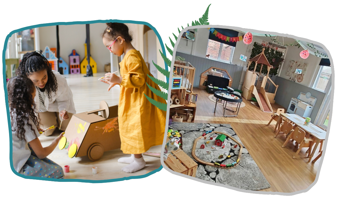 A woman plays with two young children in a classroom beside a furnished room with wooden chairs, cabinets, plants, and a rug at nursery in Morden